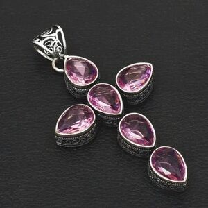 Large Pink Topaz Cross Silver 3.4” Pendant